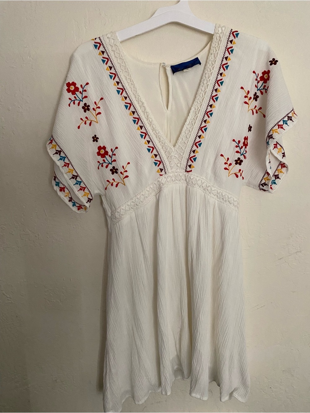 Blue Rain White Embroidered Boho Dress Size M Cottagecore Peasant Mini Dress